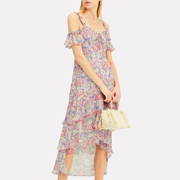 INTERMIX Pink and Blue Floral Sophia Printed High-Low Ruffle Dress Size 2 - Picture 1 of 14